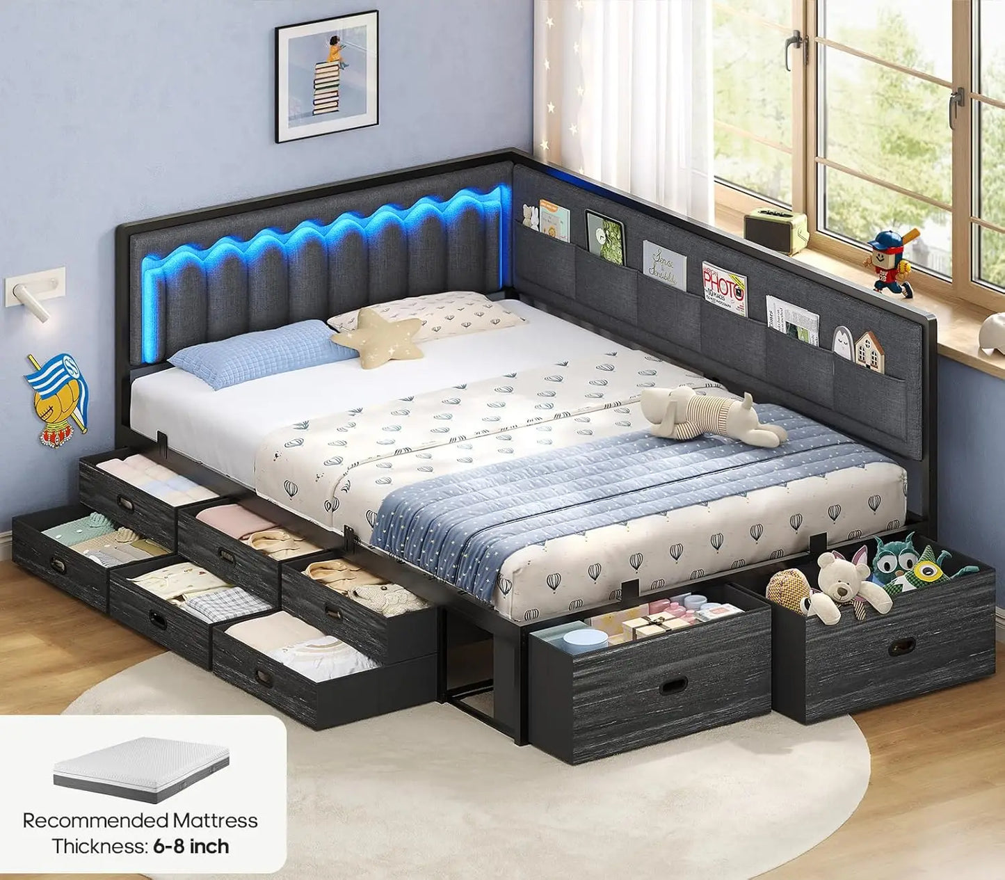 Full Corner Bed Frame with 8 Drawers, 6 Storage Pockets, Full Daybed with Storage and RGB Wave Lights, Platform Bed with L-Shape