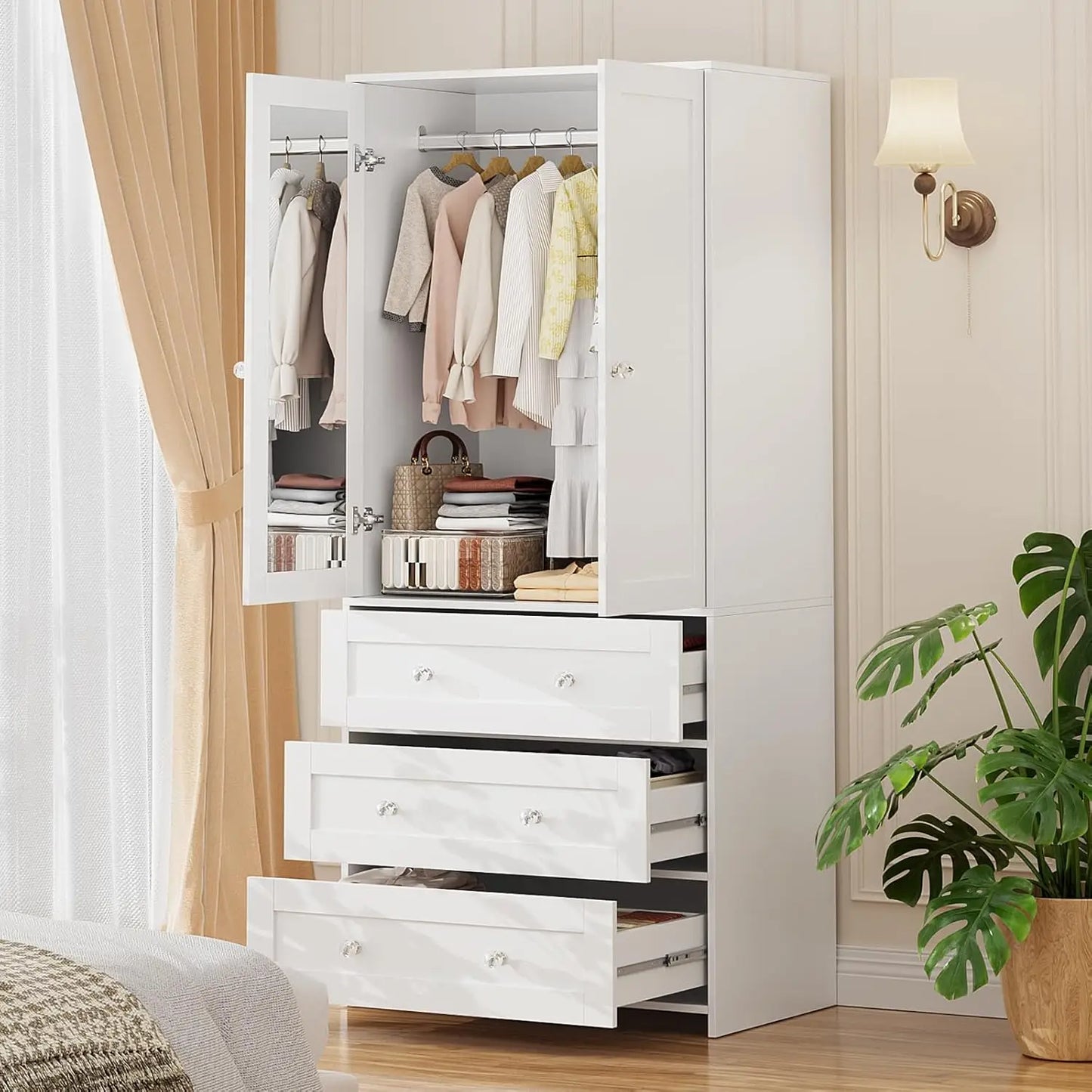 Armoire Wardrobe Closet with Drawers and Mirror, 71" Clothing Storage Cabinet with Hanging Rod, 2 Doors Wooden, Customized