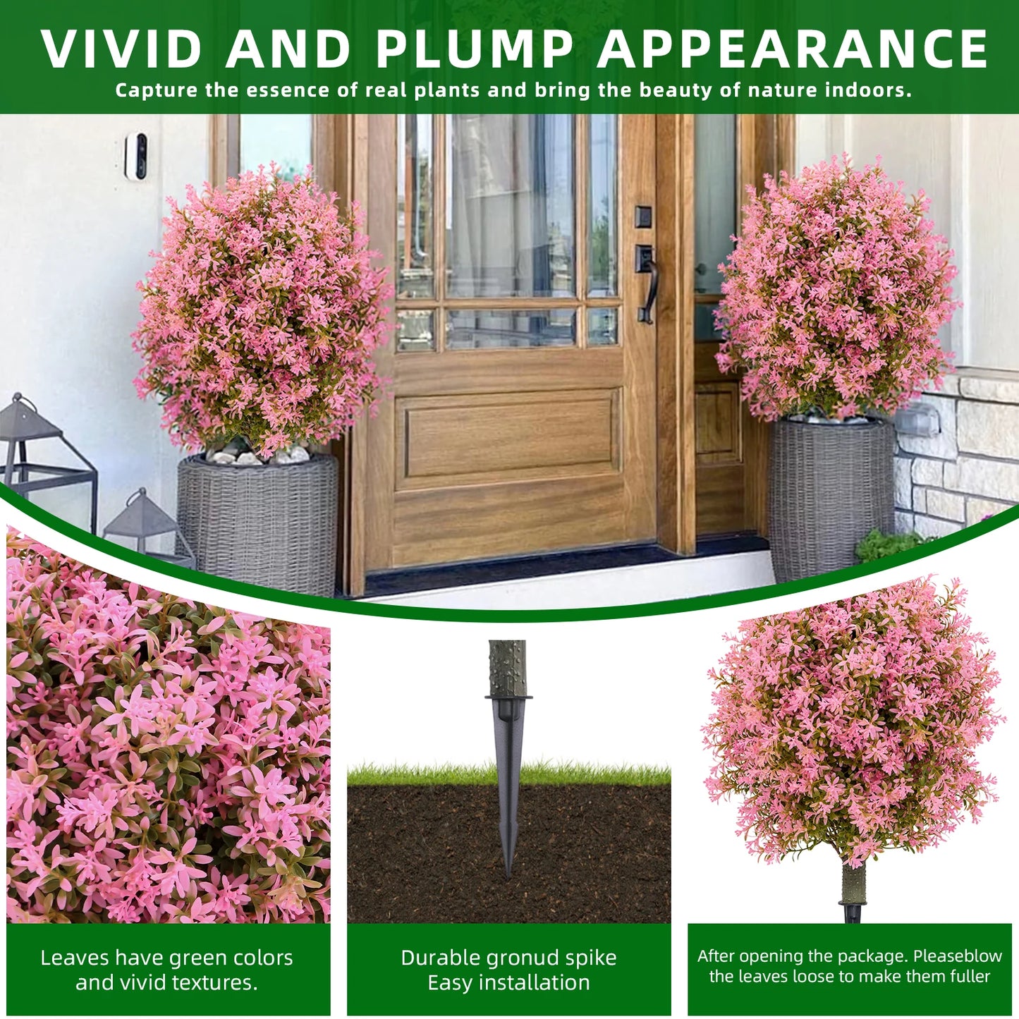 2pcs Artificial Boxwood Topiary Ball Trees with Ground Spike, Artificial Shrubs, Fake Evergreen Plant Bush for Front Porch Garde
