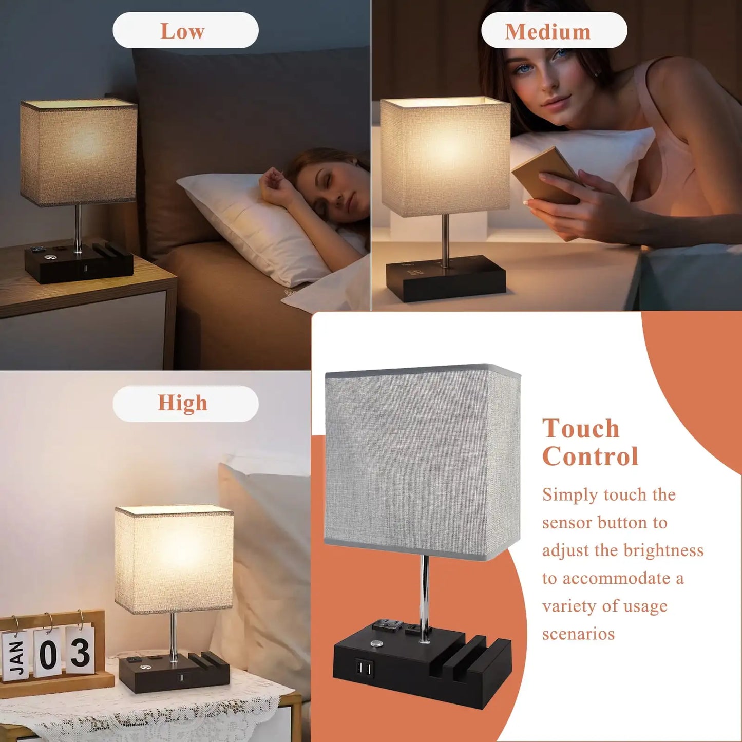 SZRSTH Bedside Table Lamp With Dual USB Ports Dimmable LED
