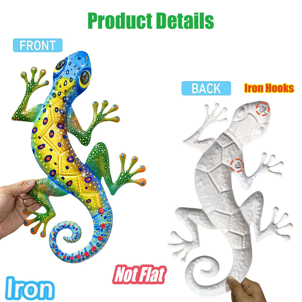 Large Metal Gecko Wall Art Decor, 3D Iron Lizard Sculpture Hanging Ornament for Outdoor Garden, Patio, Porch - Mother's Day Gift