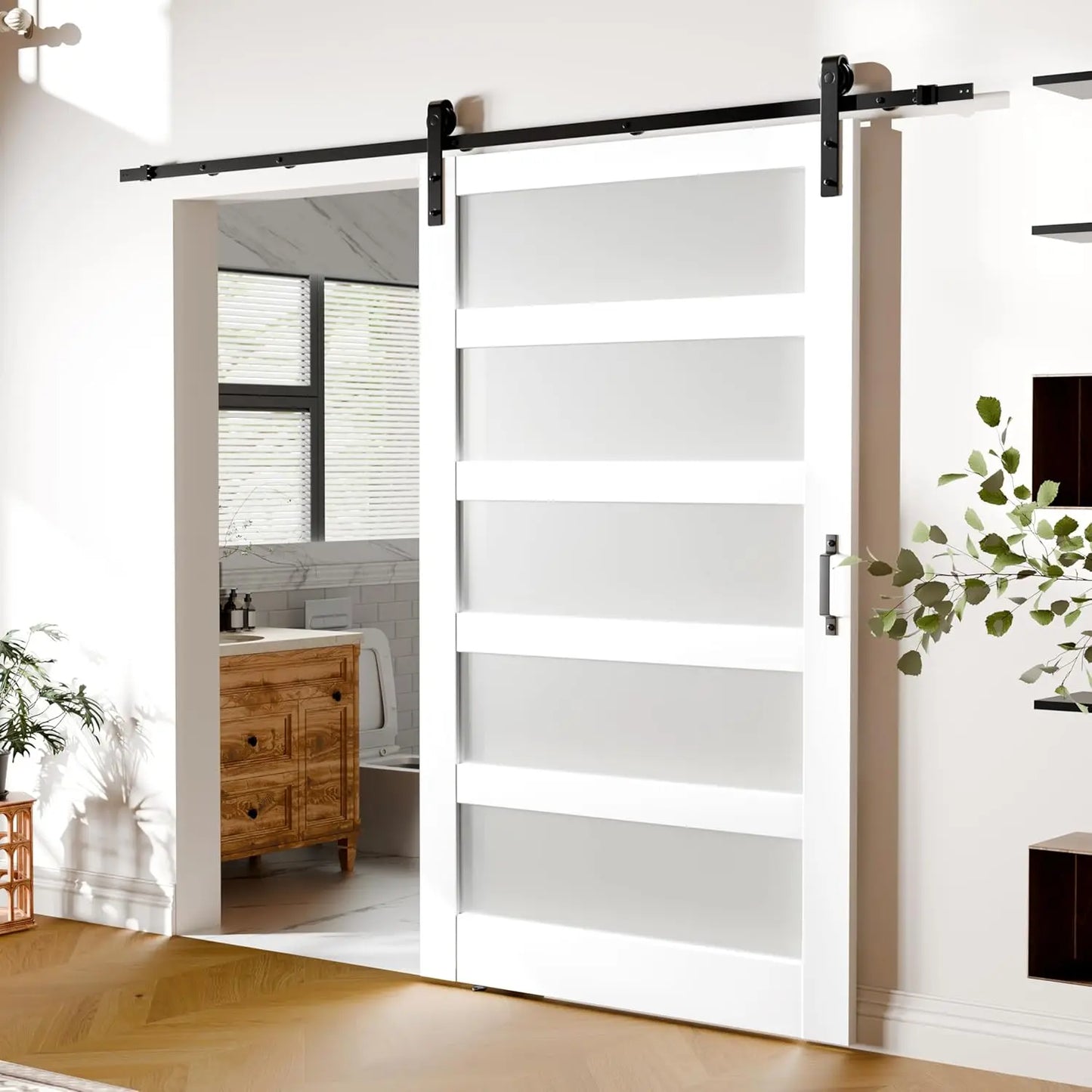 Bestseller[Helong Store]Frosted 5 Panel Glass Sliding Barn Door 48''×84'' Barn Door, Hardware Kit Included, Assembly Needed,Wate