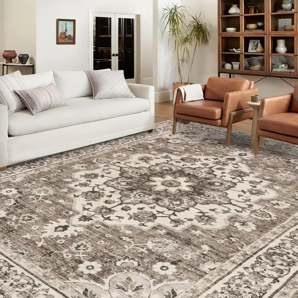 Washable Oriental Area Rug - 9x12 Rugs for Living Room Soft Carpet for Bedroom Waterproof Floral Distressed Indoor (Beige, 9x12)