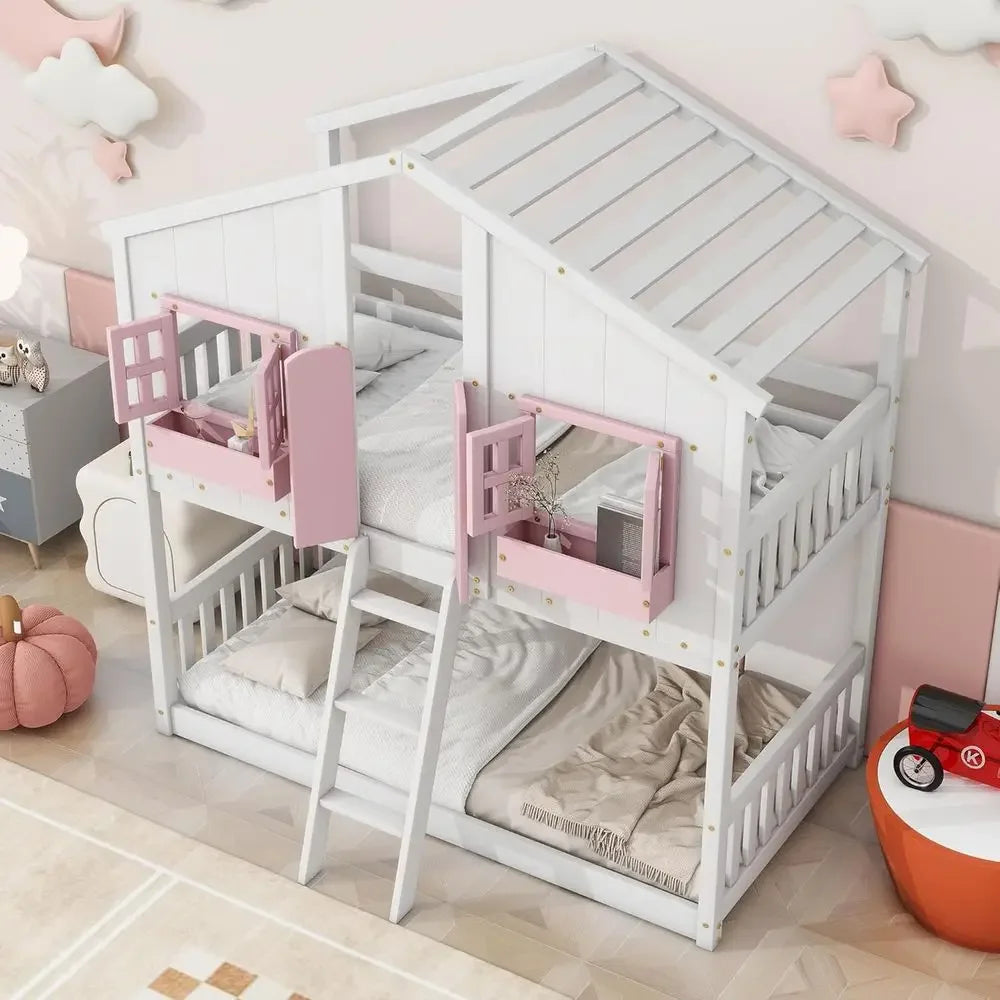 Twin-Size Loft Bunk Bed with Room, Storage, and Window for Kids, Pink and White