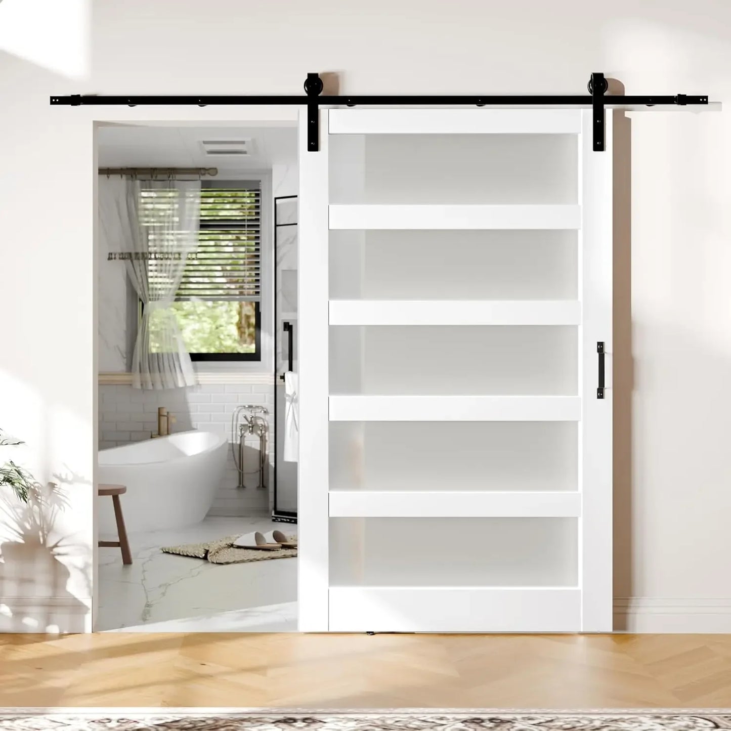 Bestseller[Helong Store]Frosted 5 Panel Glass Sliding Barn Door 48''×84'' Barn Door, Hardware Kit Included, Assembly Needed,Wate