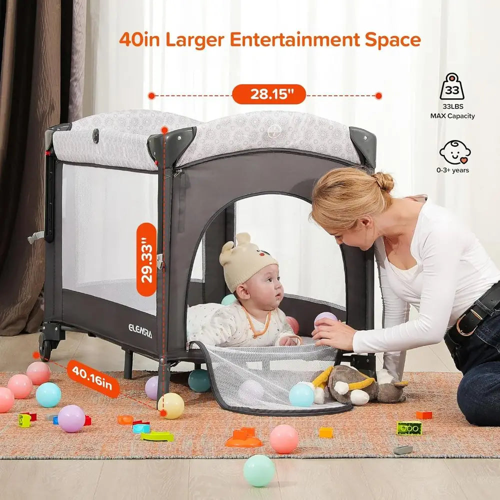 3-in-1 Mesh-Bed Baby Bassinet, Adjustable Sides, Mattress, Storage, Wheels, Travel Playpen Crib with Bag