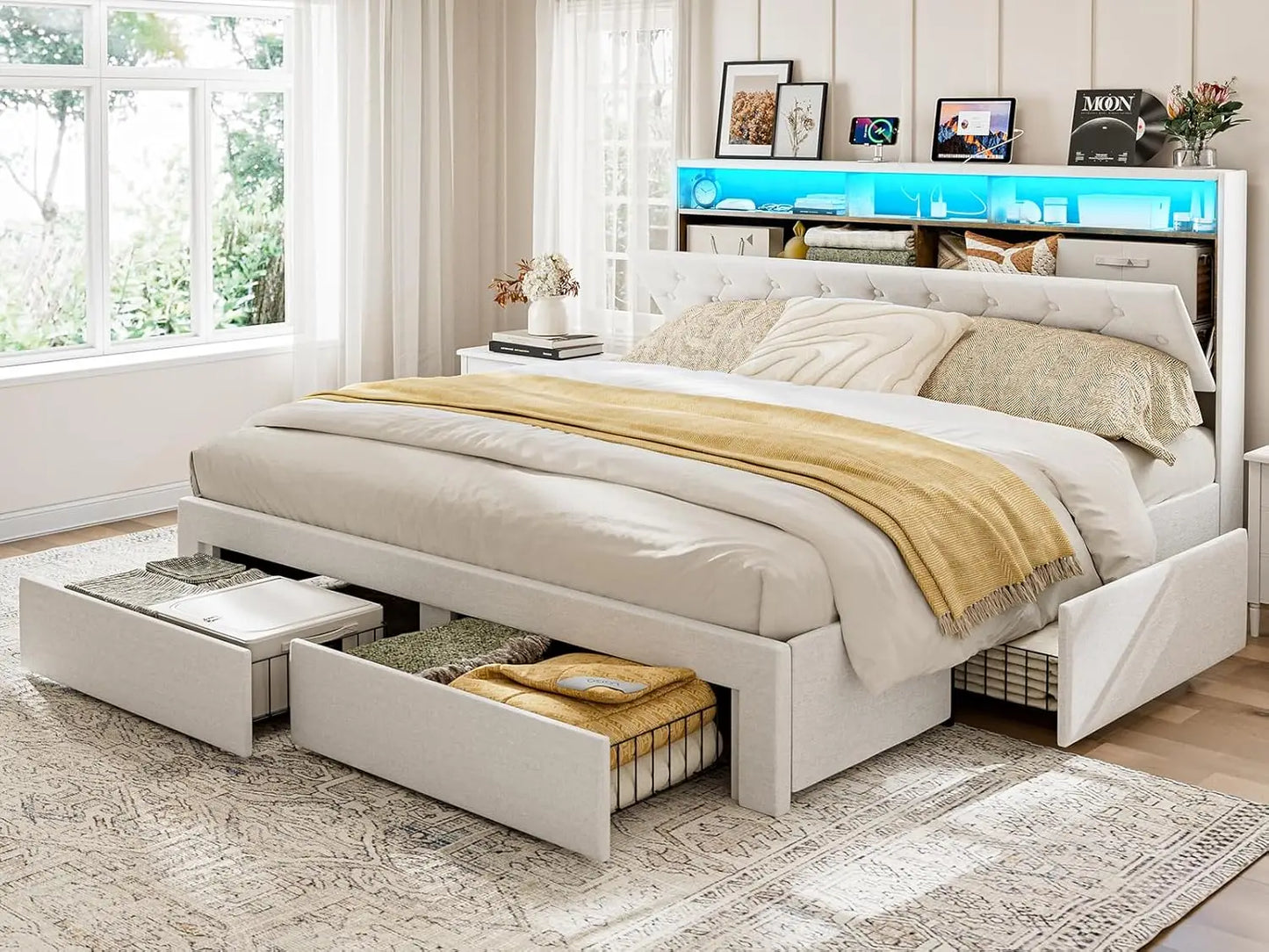 California King Bed Frames with 4 Drawers, Hidden Storage Headboard with LED Lights and Charging Station, Upholstered Cal King P