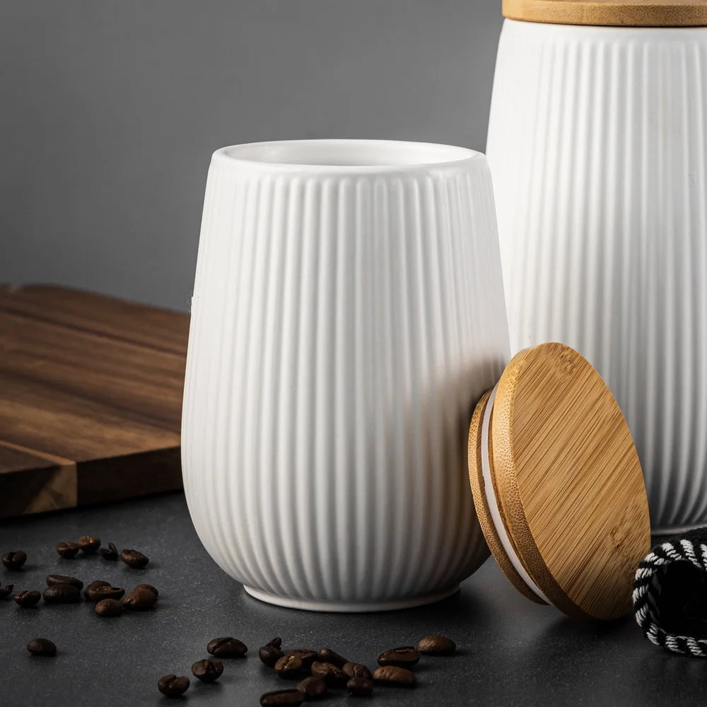 Ceramic Kitchen Canister With Bamboo Lid Airtight Seal Ribbed Design