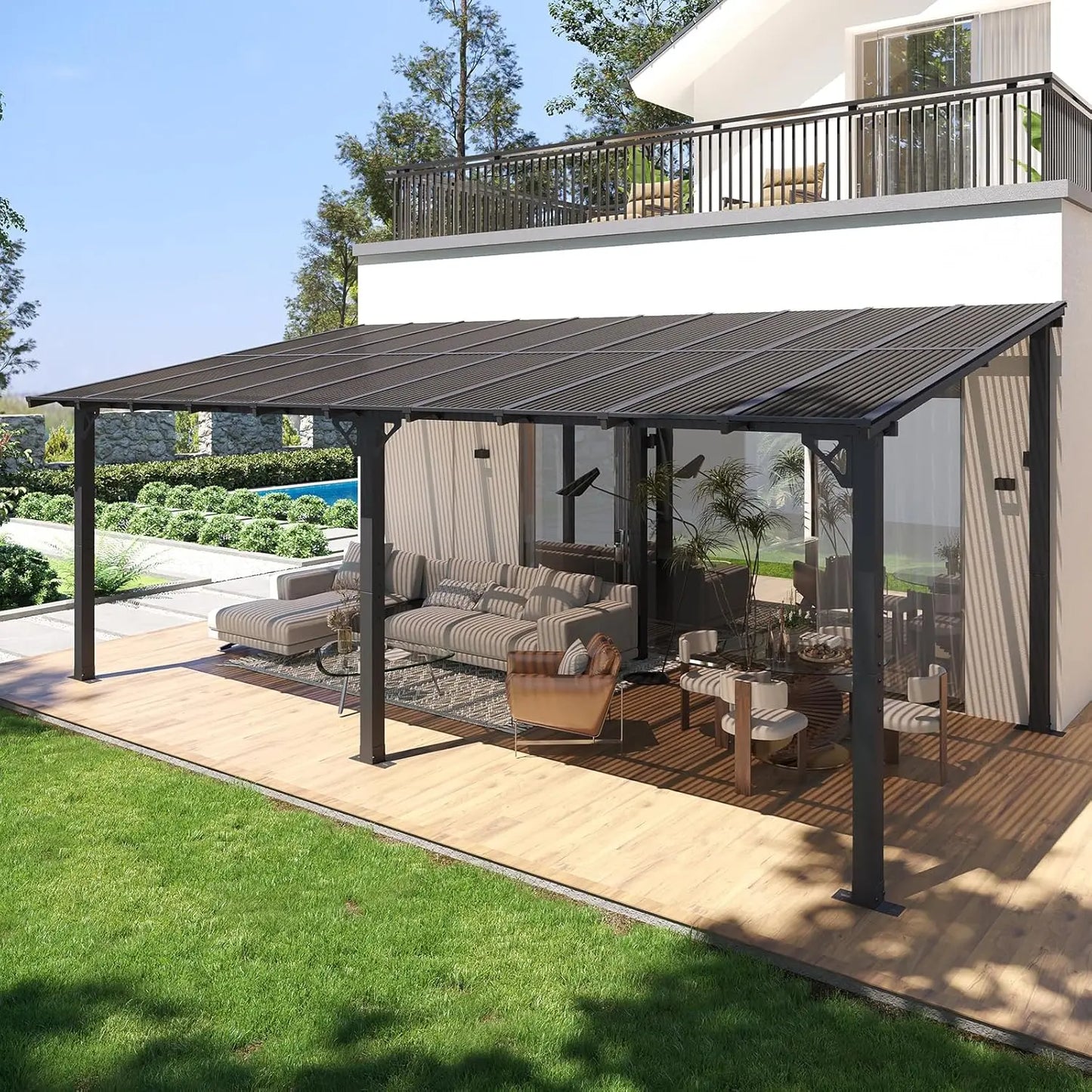 Lean to Gazebo, Hardtop Metal Gazebo Pergola with Polycarbonate Roof, Large Wall Mounted Heavy Duty Awnings,, Custom