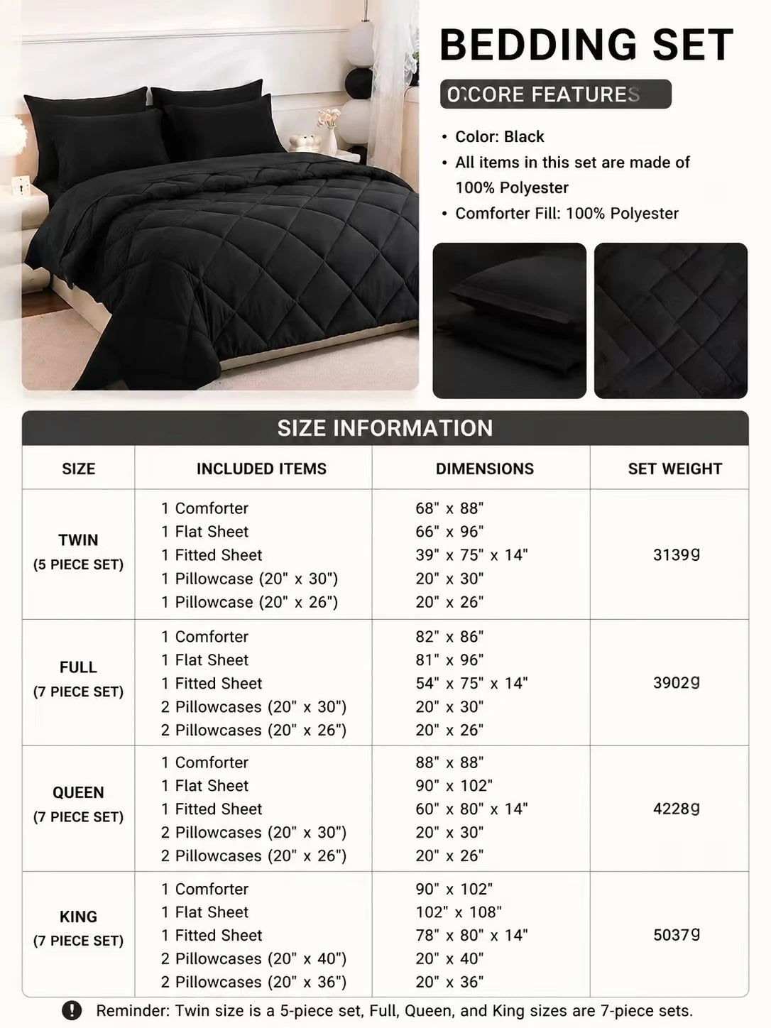 5pcs/7pcs Twin Full Queen King Bedding Sets Home Decor Comforter Flat Sheet Fitted Sheet Pillowcases Sleeping Sets