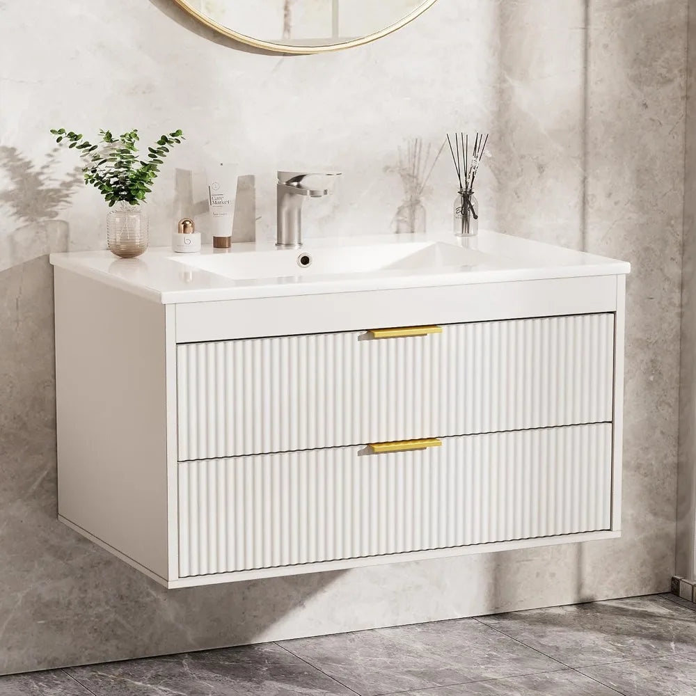 Thirty Inch Floating Vanity With Ceramic Sink 2 Drawers