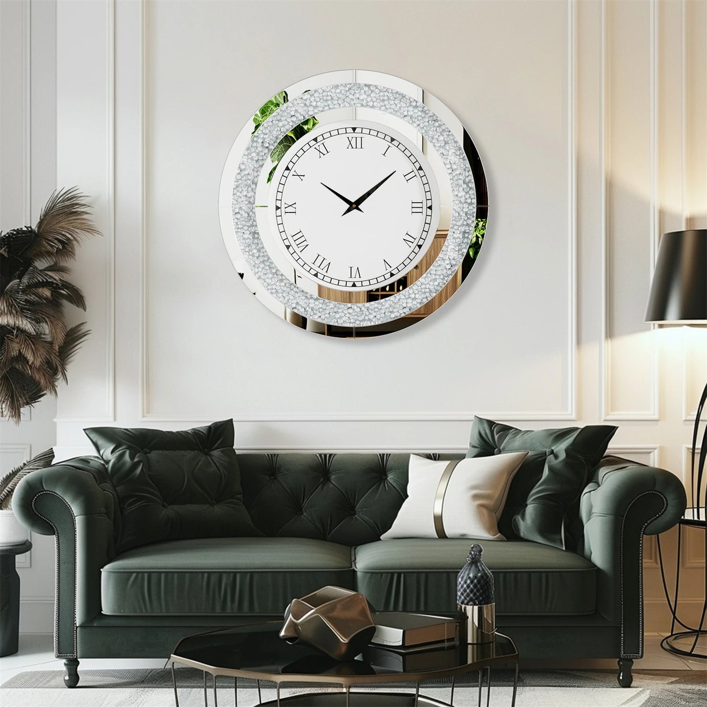 Glam Sparkle Bling Silver Round Mirror Wall Clock Decor