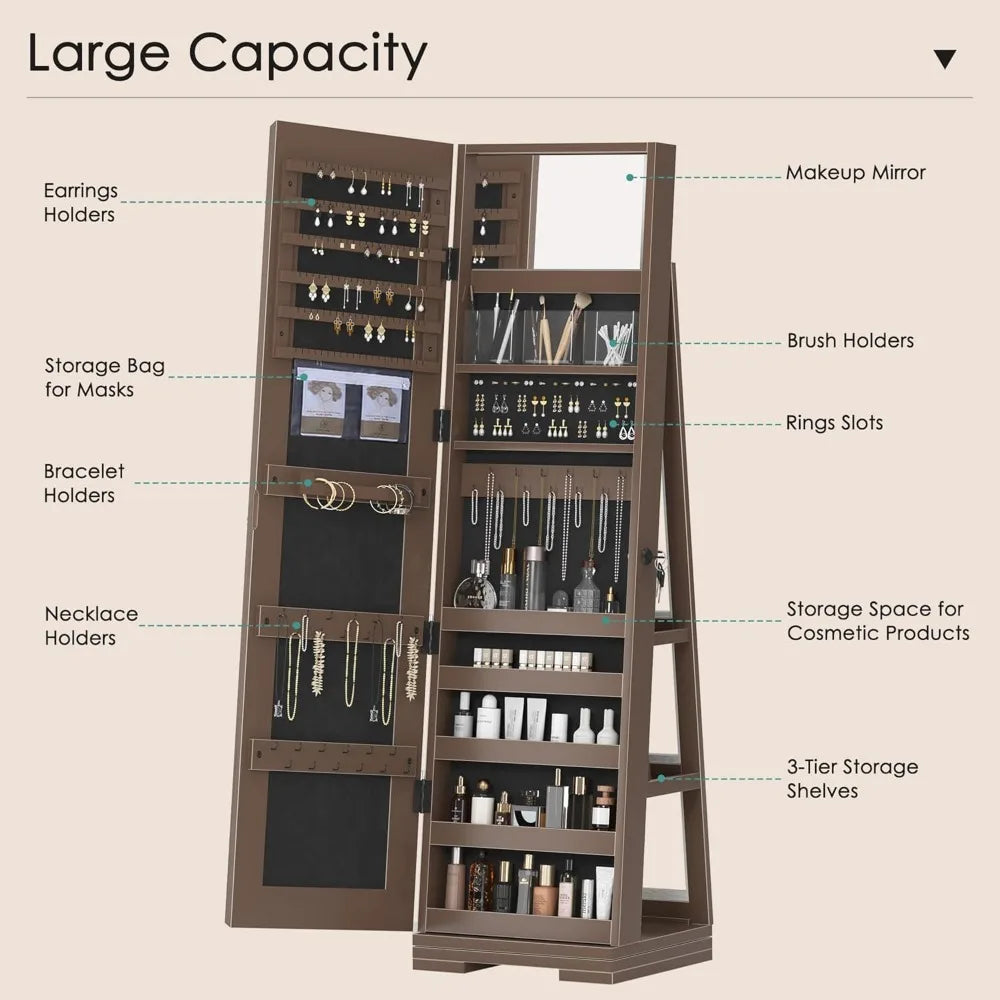 360° Rotating Full-Length Mirror Jewelry Cabinet, Standing Mirror with Jewelry Storage, Makeup Organizer & Lock
