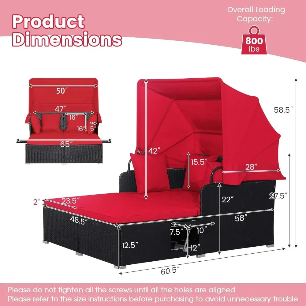 Outdoor Daybed with Retractable Canopy, Wicker Cabana with 2 Side Tables & Soft Cushions, Patio Sectional Furniture Set