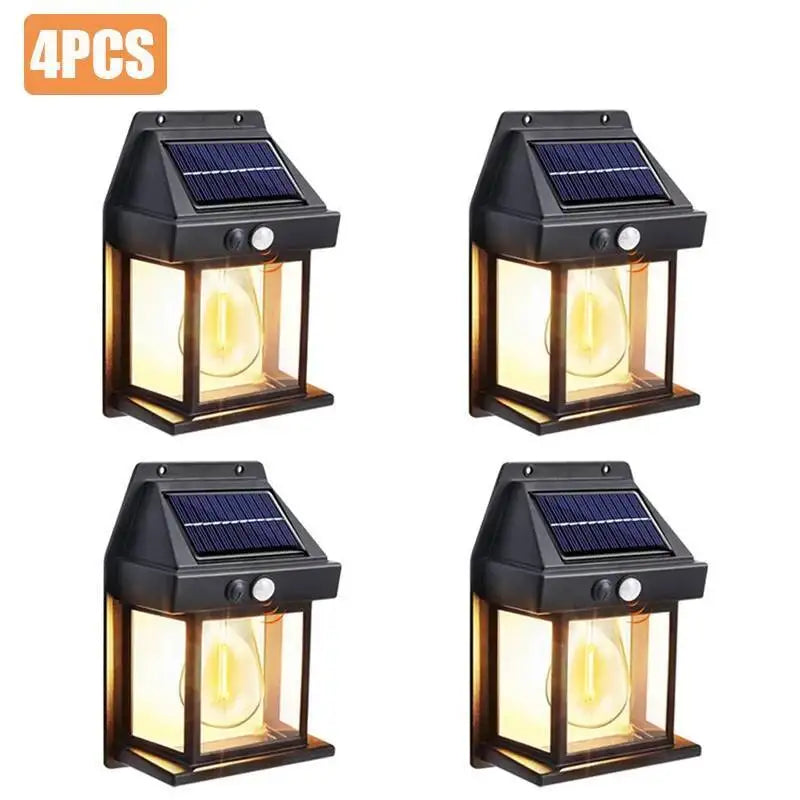 1-4Pcs Solar-Powered Waterproof Outdoor Wall Light with 3 Modes Motion Sensor Tungsten Filament Garden Yard Decoration LED Lamp