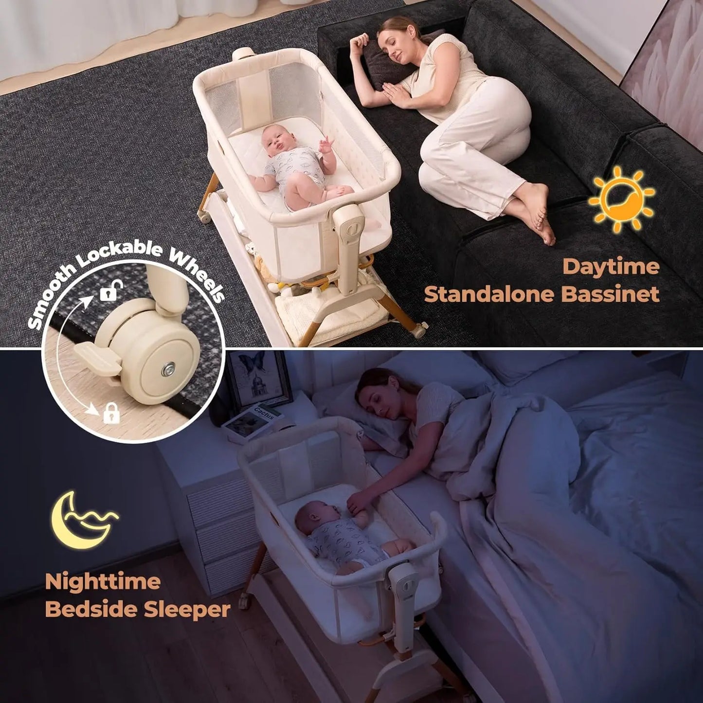 Ezebaby Baby Bassinet Bedside Sleeper: 3-in-1 Rocking Bassinet for Baby - Breathable Full-Mesh Crib with Mattress