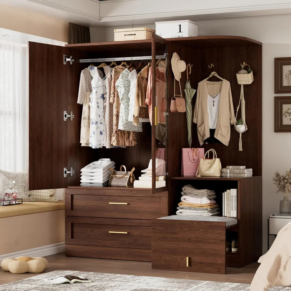 Wooden Farmhouse Armoire Wardrobe With Mirror Freestanding Closet