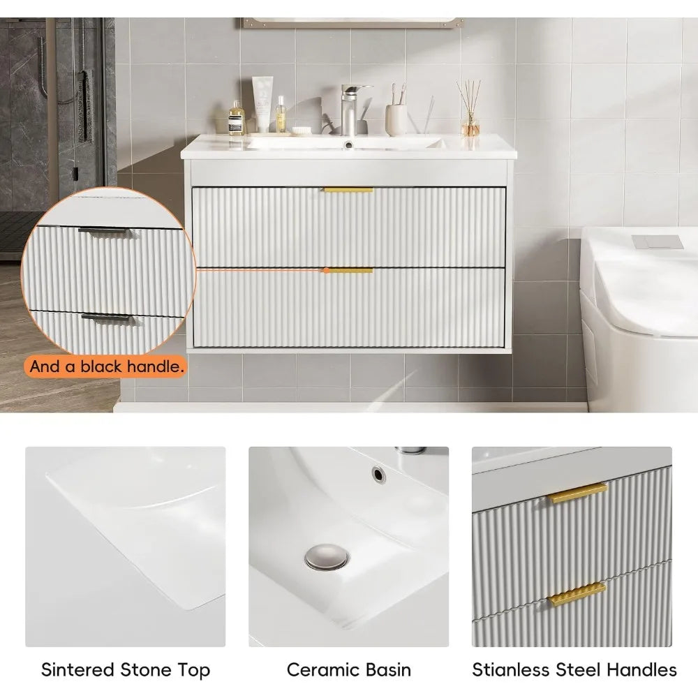 Thirty Inch Floating Vanity With Ceramic Sink 2 Drawers