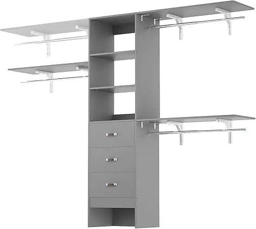 96 Inch Closet System With 3 Hanging Rods And Drawers