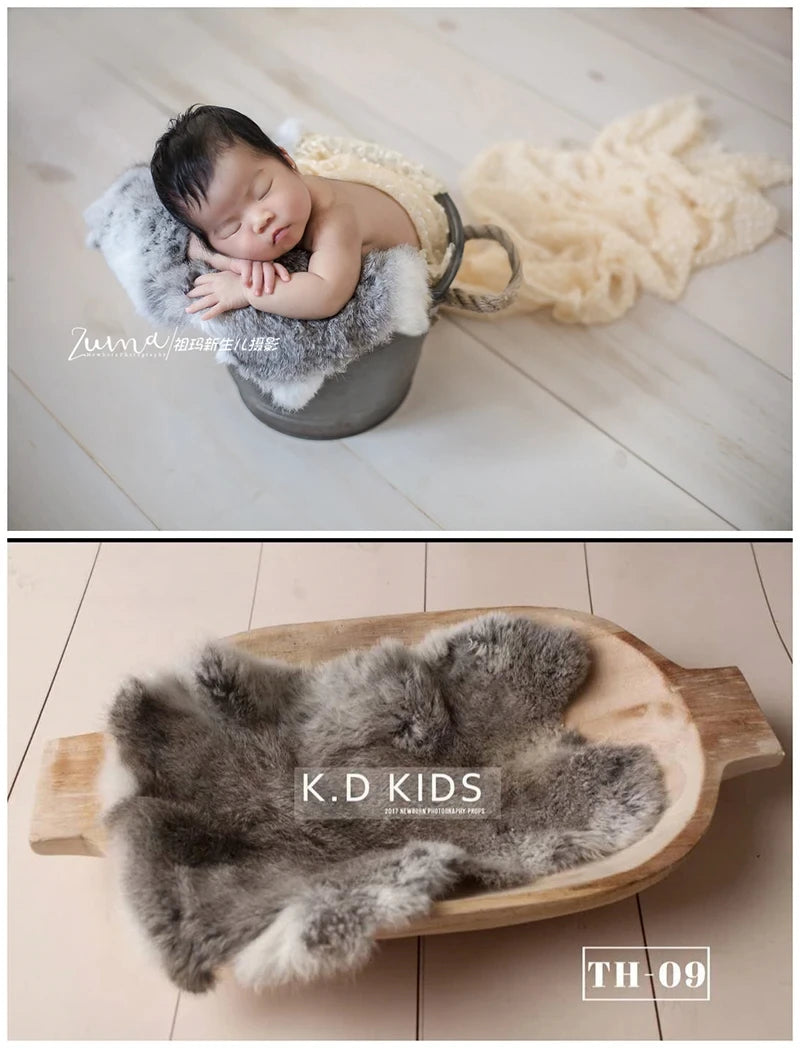 Newborn Photography Props Natural Rabbit Fur Rug Baby Photo Blankets Studio Infant Posing Basket Filled Background Accessories