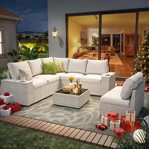 8 Piece Outdoor Patio Furniture Set, Outdoor Sectional Furniture, Rattan & Wicker Modern Modular Conversation Set Sofa Couch W/W
