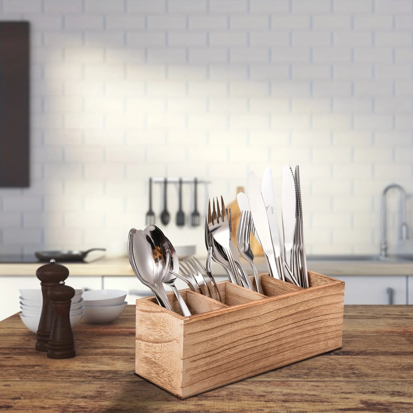 Wood Cutlery Caddy Kitchen Utensil Organizer with 4 Compartments Silverware Storage Kitchen Countertop Flatware Organizer