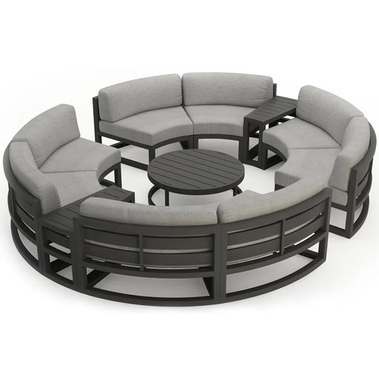 360° Round Outdoor Sofa Set - Deep Grey Aluminum Patio Furniture, Waterproof for Garden and Balcony