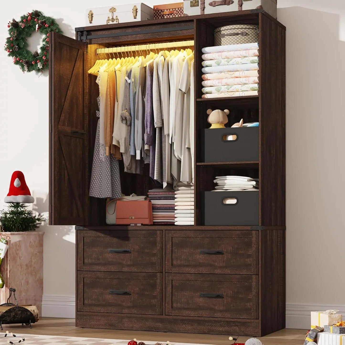 Farmhouse 3-Door Armoire With Sliding Barn Door LED Lighting Drawers