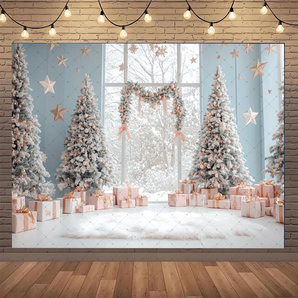Photography Backdrop Christmas Trees Stars Newborn Birthday Portrait Window Tulle Curtains Gift Decor Photo Background