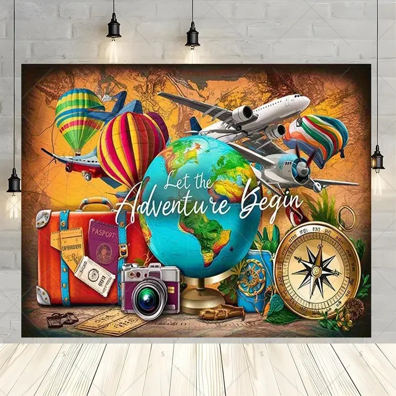 Let The Adventure Begin World Airplane Graduation Backdrop