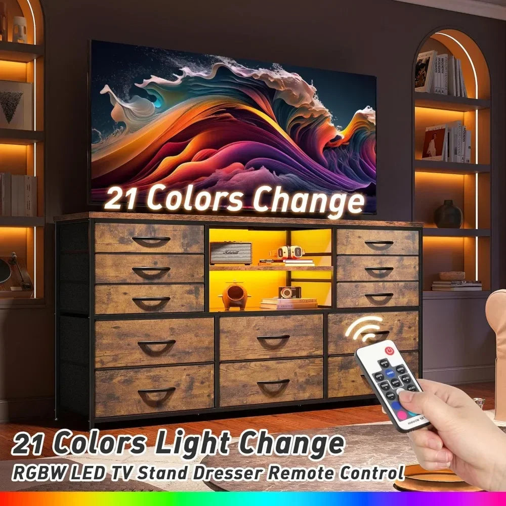 LED Light and Power Outlet Dresser TV Stand With Drawers