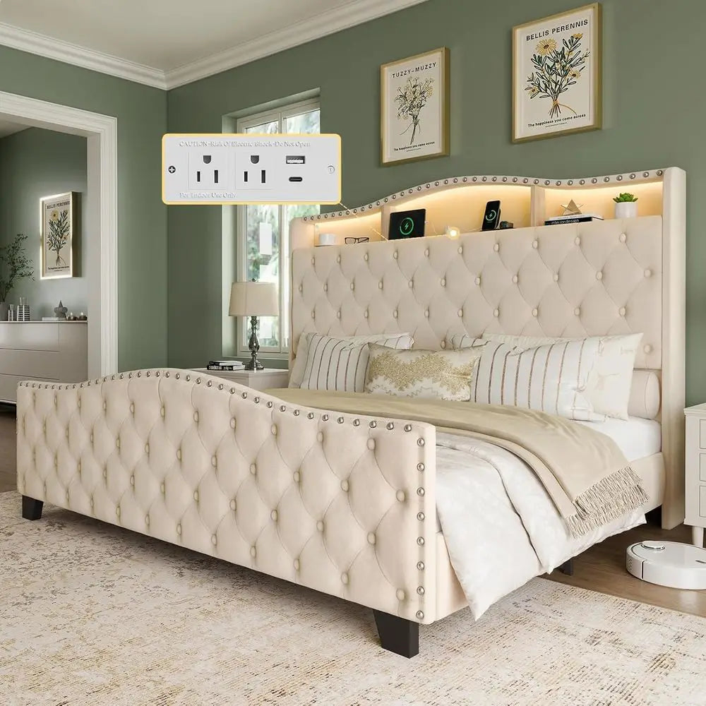 Velvet Wingback Bed Frame with LED Lights, Storage, and Charging Station - No Box Spring Needed,Customized