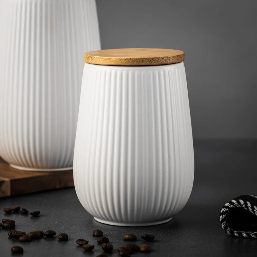 Ceramic Kitchen Canister With Bamboo Lid Airtight Seal Ribbed Design