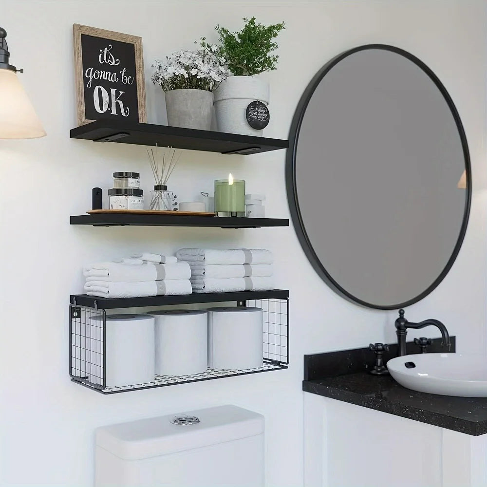 Triple Wood Wall Mounted Bathroom Shelves Storage Solution