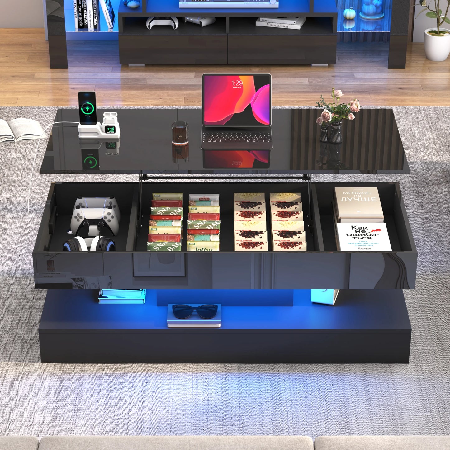 QiaoShiRen Modern LED Coffee Table With Open Display Shelf