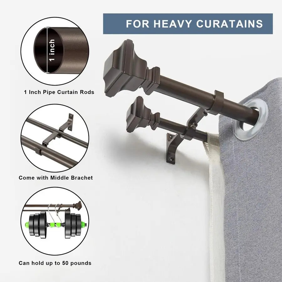 Curtain Rod, 1 inch Adjustable Heavy Duty Drapery Double Rod for Window 144 to 164 Inches 1213.6Feet, Vintage Square Finials,Pre