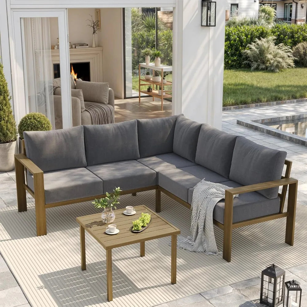 ZHUXIANG Outdoor Patio Furniture Set Faux Wood Metal Sectional Sofa With Olefin Cushions And Coffee Table