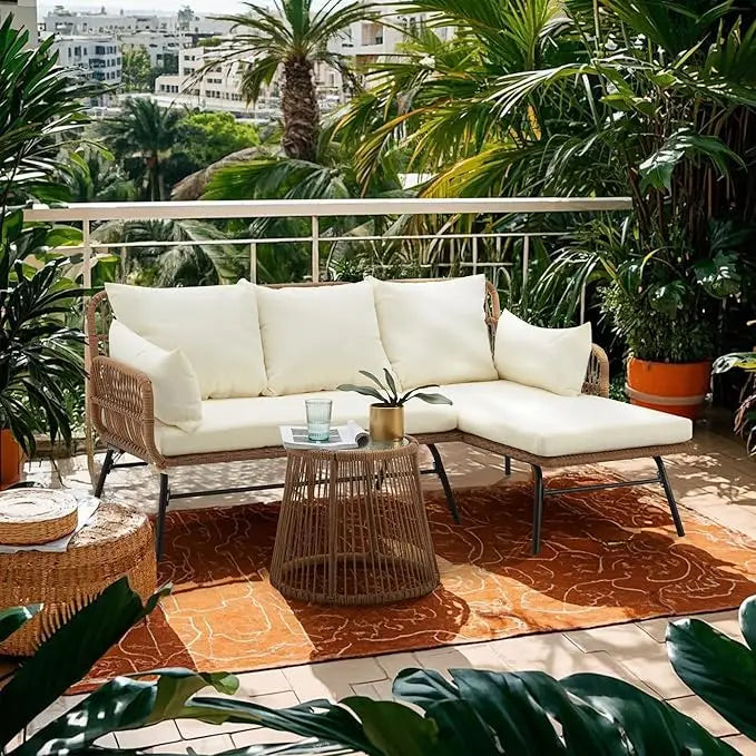 XIUWO Outdoor Patio Furniture Set L-Shaped Rattan Sofa With Table