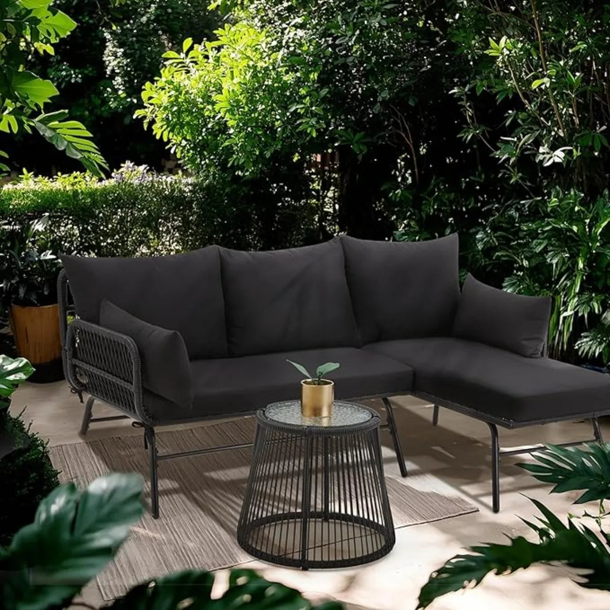 XIUWO Outdoor Patio Furniture Set L-Shaped Rattan Sofa With Table