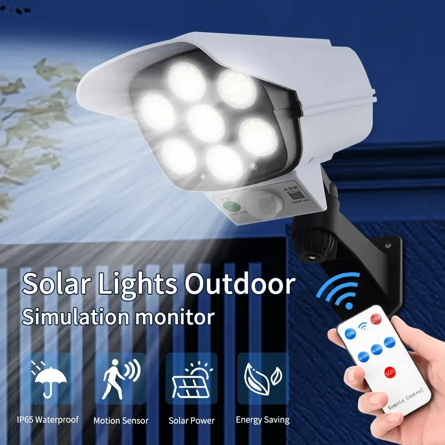IWPI 77 LED Motion Sensor Solar Flood Light Decoy Camera