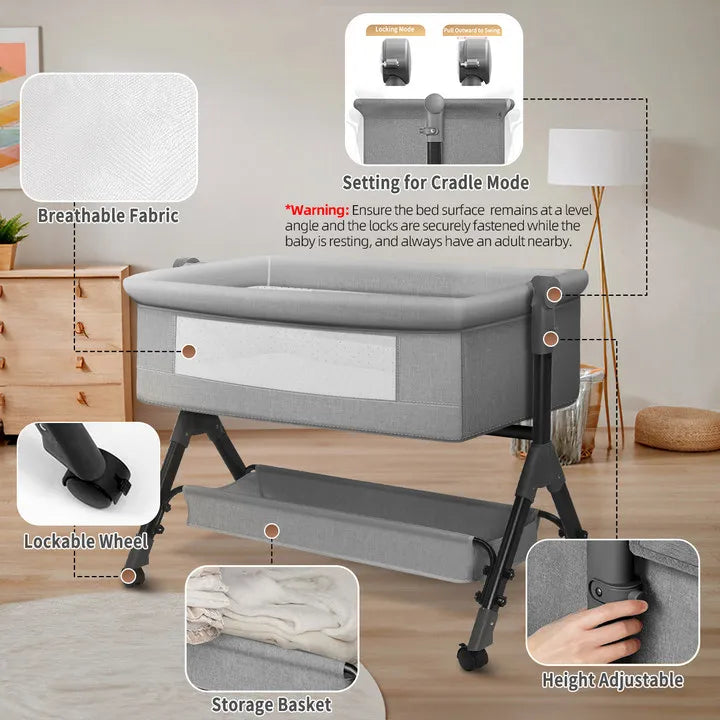 3-in-1 Adjustable Height Baby Bassinet Beside Sleeper Baby Easy Folding Bedside Bassinet Storage Basket、Mattress and Wheels