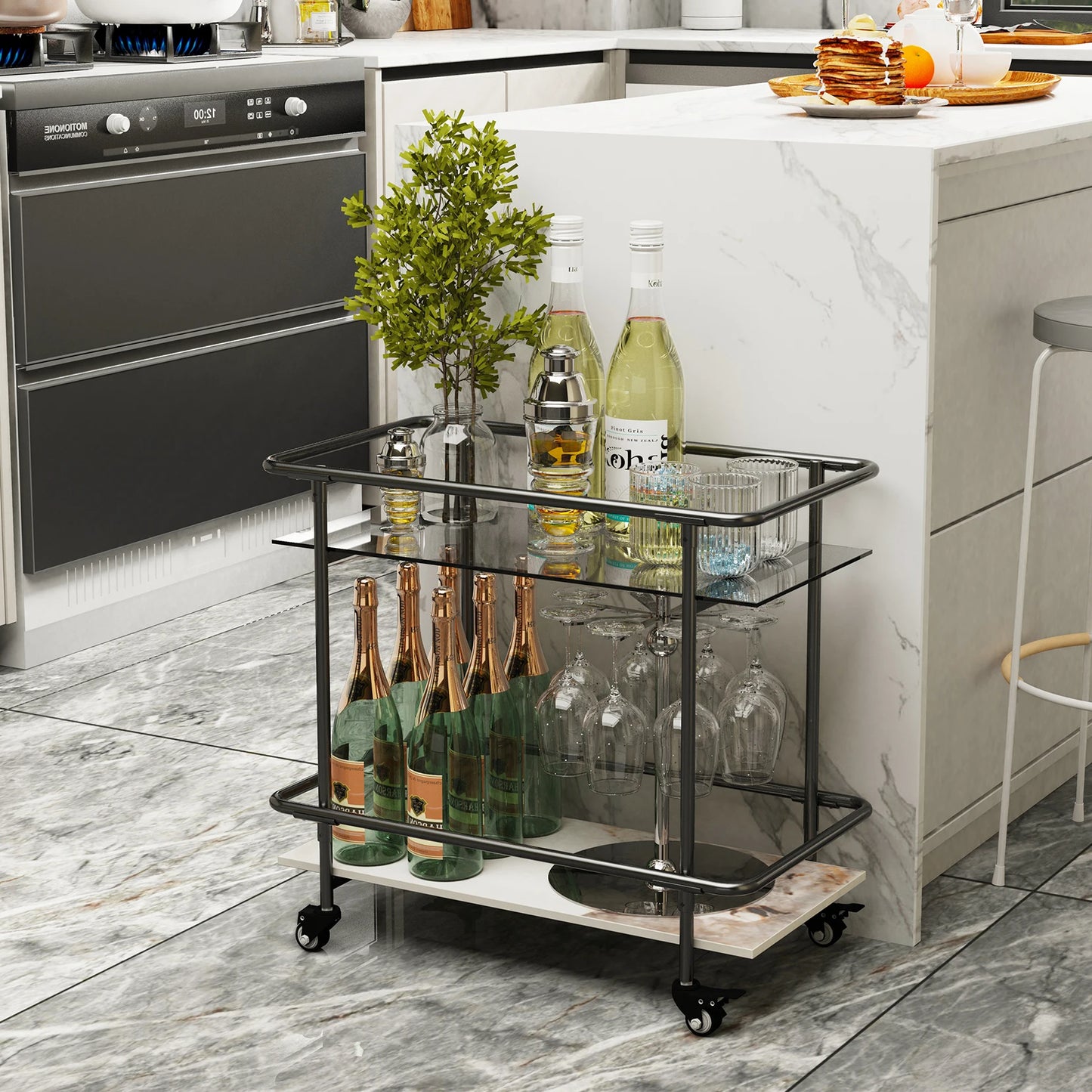 Wisfor Rolling Bar Cart Two Tier Luxury Modern Serving Cart