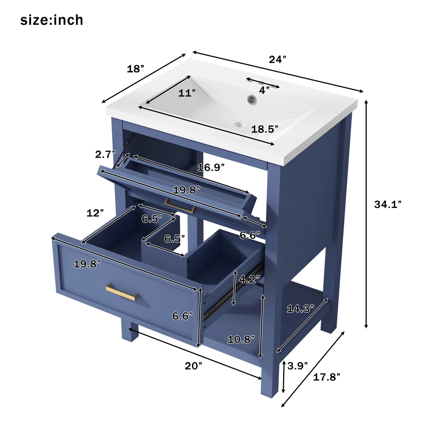 SHKL 24 Blue Bathroom Vanity With Sink And Two Drawers