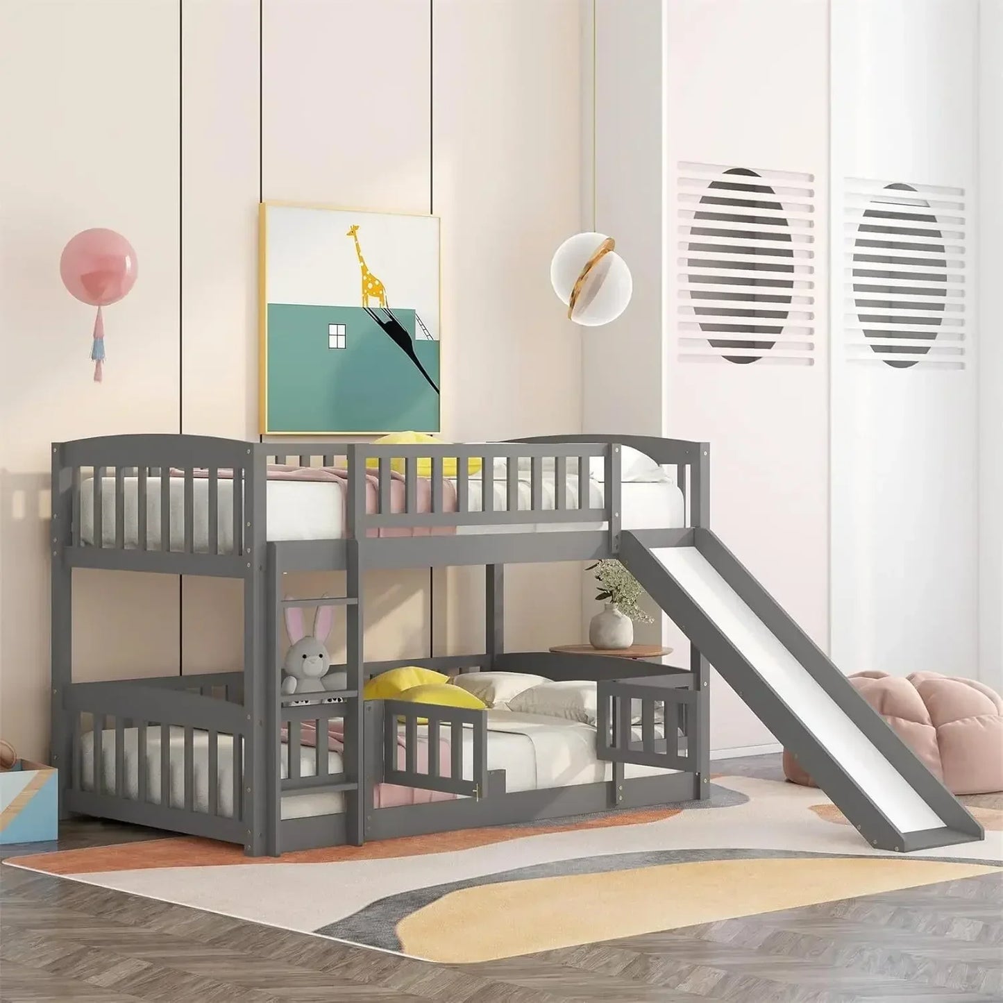 XMSJ Low Bunk Bed With Slide Twin Over Twin