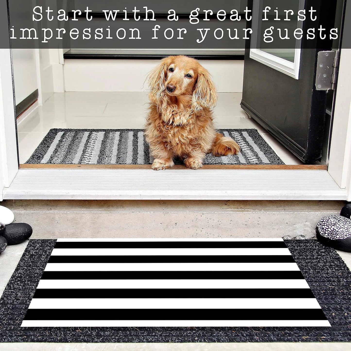 Black and White Area Rug Rubber Backing Striped Front Door Rug Outdoor Doormats Indoor Floor Mat for Kitchen Entryway Patio