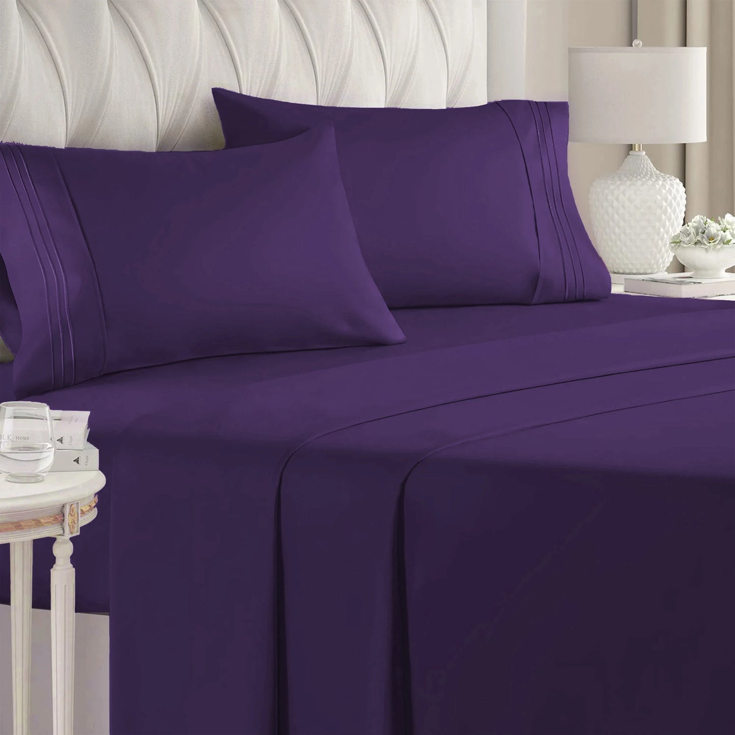 Battilo Double Bed Sheets 4Pieces Set Fitted Flat Sheet with Pillowscase Luxury Microfiber King Queen Full Twin Size Bedding Set