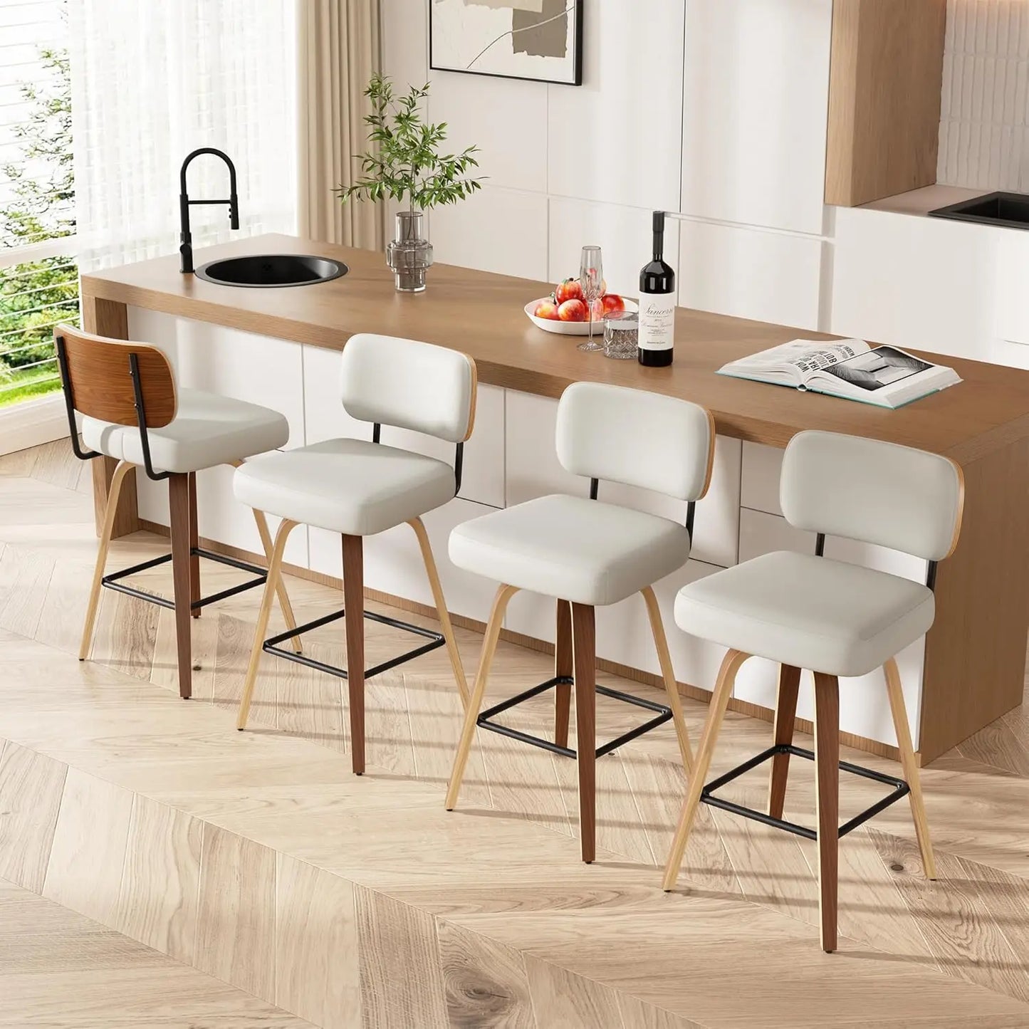 Bar Stools Set of 4, 26" Upholstered Faux Leather Counter Height Barstools with Walnut Back & Bentwood Legs, Mid Century