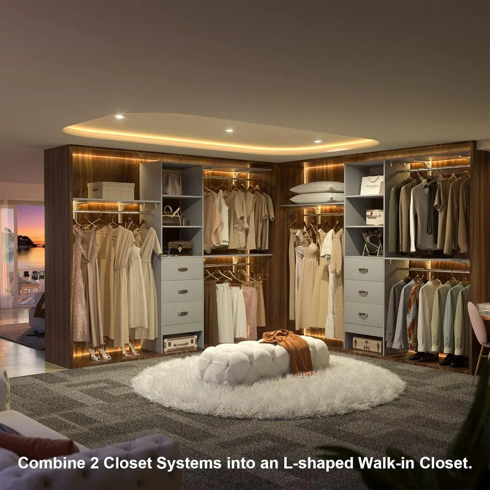 96 Inch Closet System With 3 Hanging Rods And Drawers