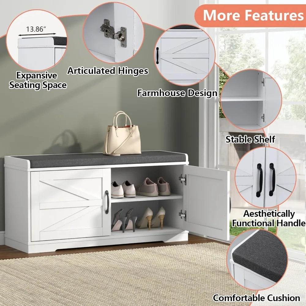 Shoe Storage Bench Two Tier Farmhouse Entryway Padded Seat