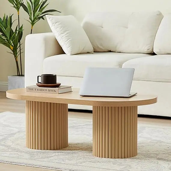 Oval Fluted Wood Coffee Table Farmhouse Mid Century Modern